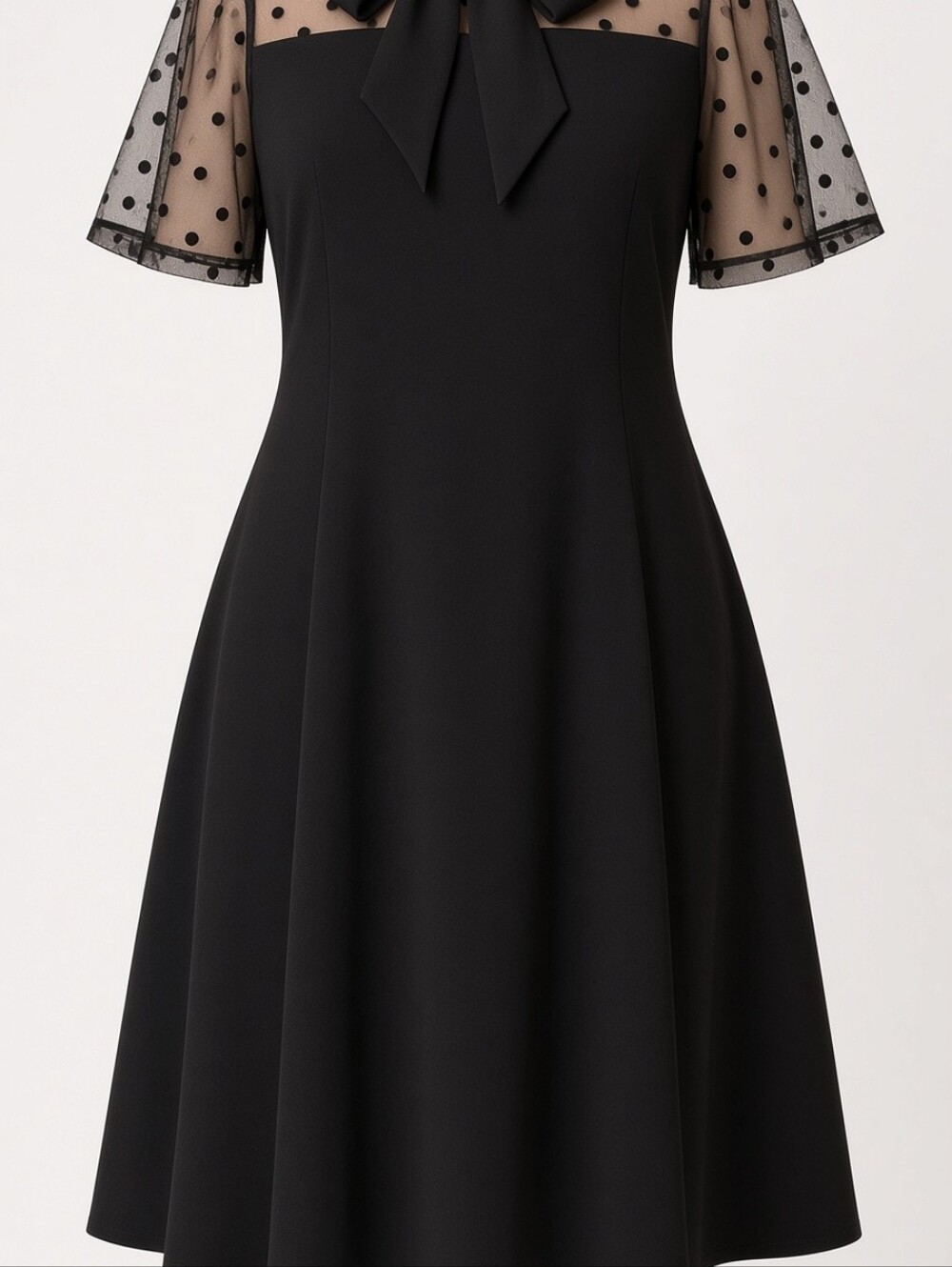 Black Polka Dot Mesh Sleeve Fit & Flare Dress